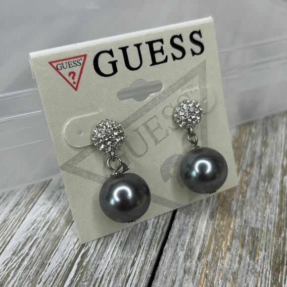 3/$15 GUESS Silver Tone White Pave Rhinestone Gray Faux Pearl Post Earrings - Picture 2 of 3